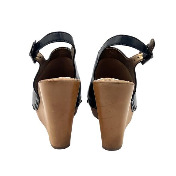 SAM EDELMAN Camilla Black Leather Studded Slingback  Wood Wedge Platform Sz 10 - Picture 6 of 10